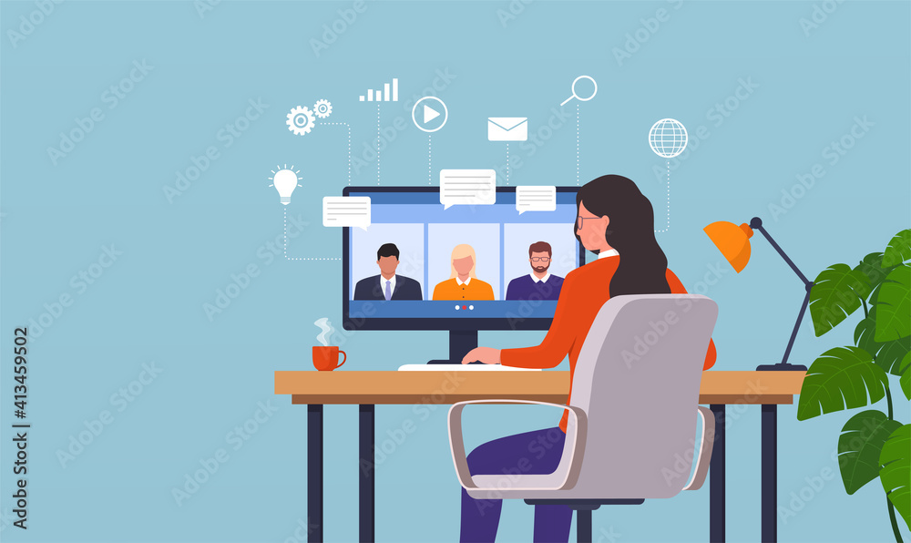 © Ramcreative - Work from home woman having a video conference with his colleagues. Online people work together. Remote teamwork concept.