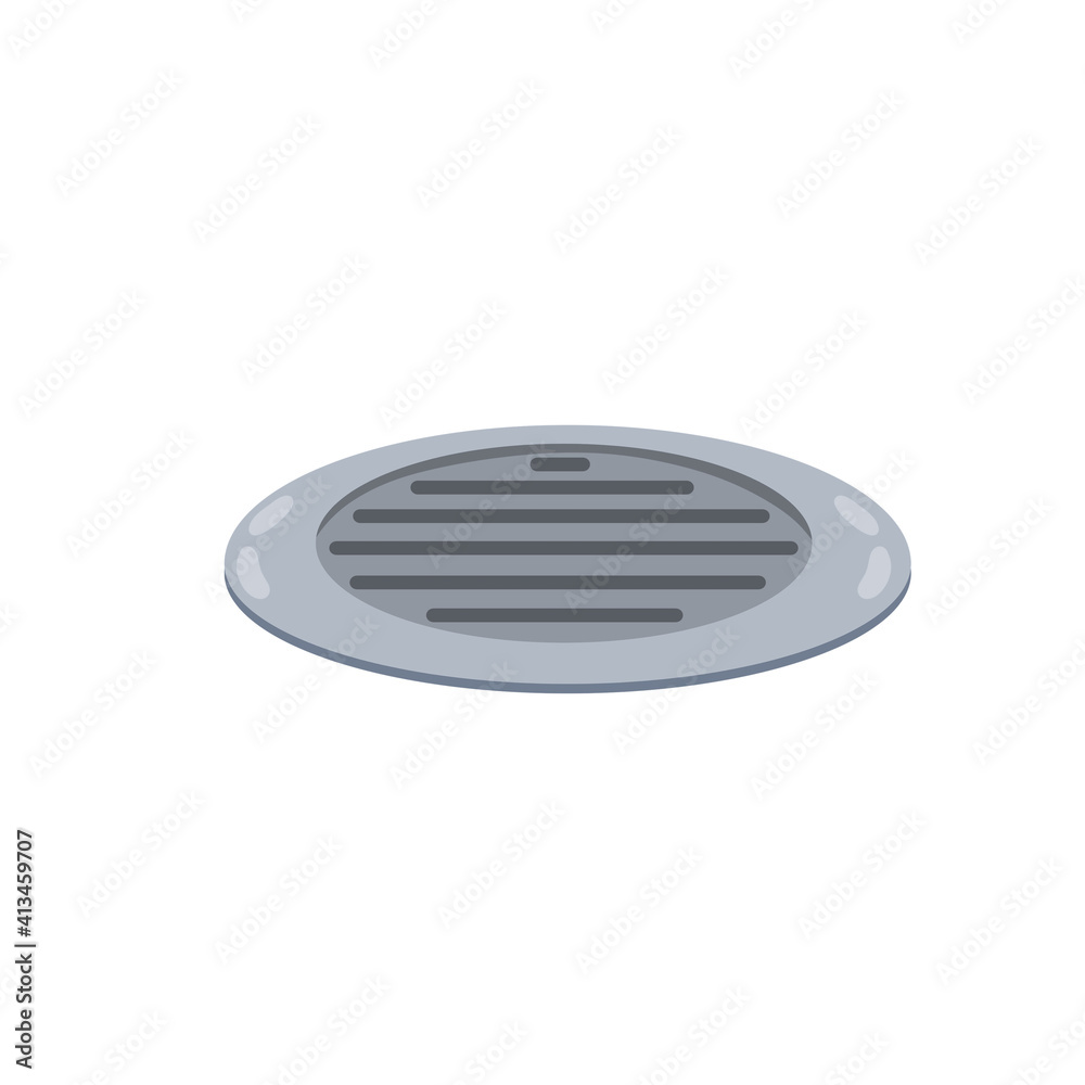 Drain in plumbing. Sink hole on floor. Element of water supply system. Bath and shower detail. Flat cartoon illustration Drain in plumbing. Sink hole on floor. Element of water supply system. Bath and shower detail. Flat cartoon illustration
