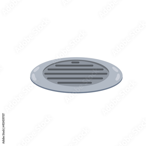 Drain in plumbing. Sink hole on floor. Element of water supply system. Bath and shower detail. Flat cartoon illustration