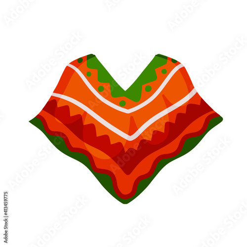 Poncho. Red and orange Mexican Cape. The national dress with pattern. Ethnic culture of South America. Flat cartoon illustration