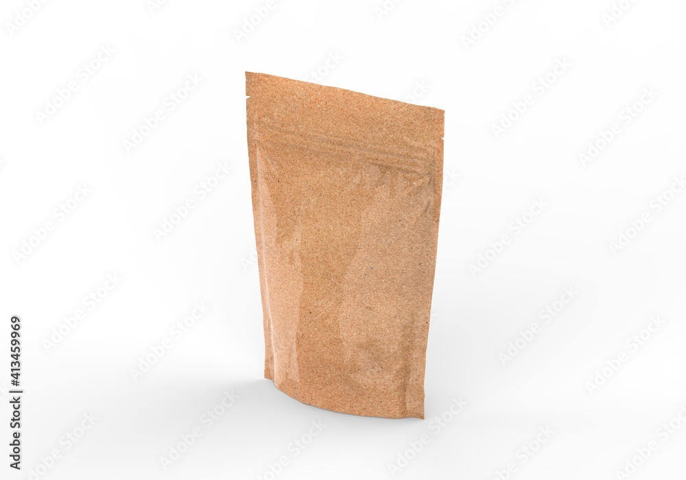 Kraft paper pouch mockup for tea, coffee, pulses, beans, cereals & corn flakes. Blank craft doy-pack mock up on isolated white background, 3d illustration Kraft paper pouch mockup for tea, coffee, pulses, beans, cereals & corn flakes. Blank craft doy-pack mock up on isolated white background, 3d illustration