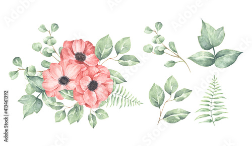 Fototapeta Naklejka Na Ścianę i Meble -  Set of floral branch. Wedding concept with flowers. It's perfect for greeting cards, wedding invitation, birthday. Watercolor floral illustration.