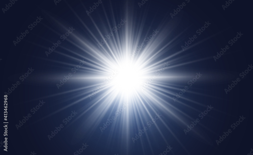 Special lens flash, light effect. The flash flashes rays and searchlight. illust.White glowing light. Beautiful star Light from the rays. The sun is backlit. Bright beautiful star. Sunlight. Glare.