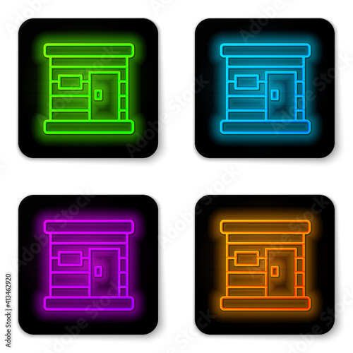 Glowing neon line Sauna wooden bathhouse icon isolated on white background. Heat spa relaxation therapy bath and hot steam healthcare, relax therapy. Black square button. Vector.