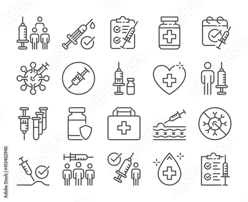 Vaccination icon. Coronavirus COVID-19 Vaccination line icons set. Vector illustration. Editable stroke.