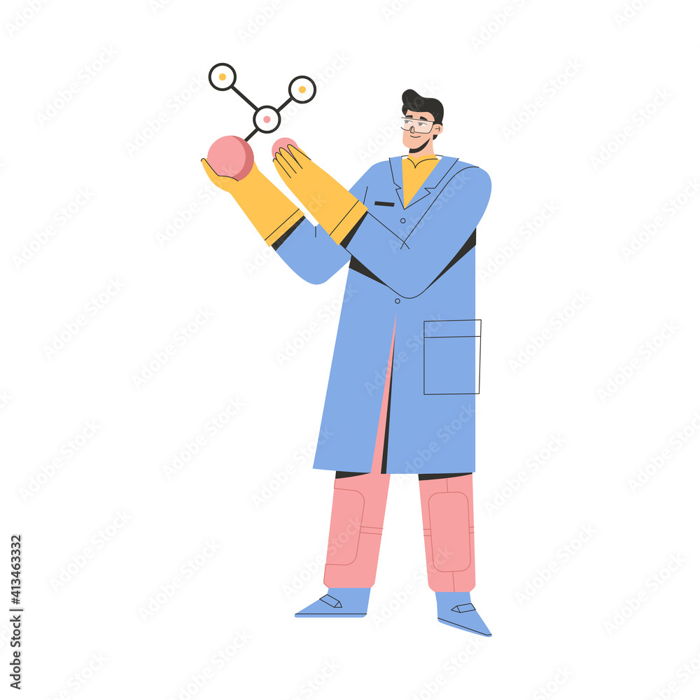 Scientist holding large model of molecular structure Scientist holding large model of molecular structure