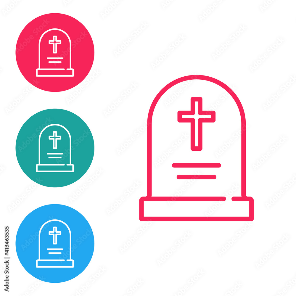 Red line Tombstone with cross icon isolated on white background. Grave icon. Happy Halloween party. Set icons in circle buttons. Vector. Red line Tombstone with cross icon isolated on white background. Grave icon. Happy Halloween party. Set icons in circle buttons. Vector.