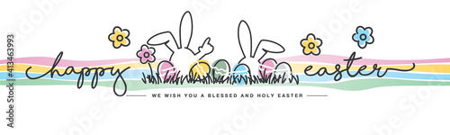 Happy Easter we wish you a holy and blessed Easter handwritten typography lettering line design bunny colorful flowers and eggs in grass greeting card