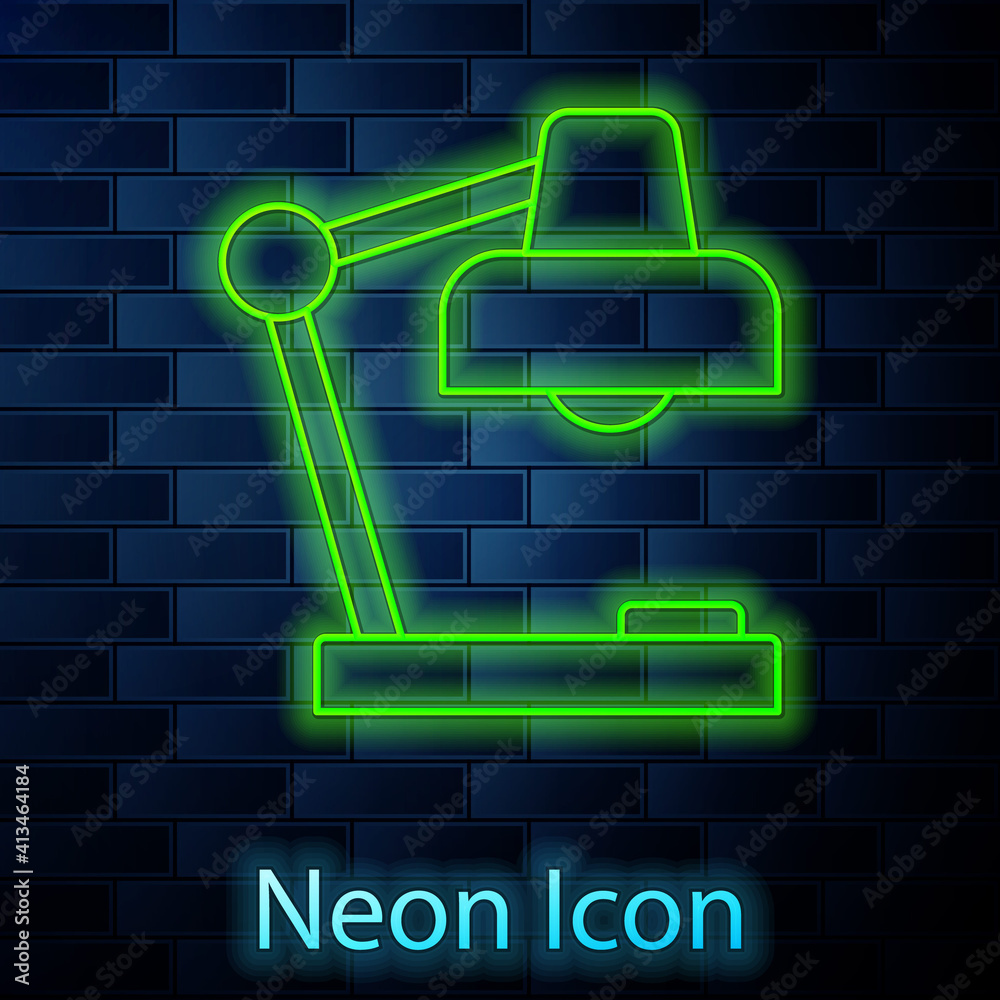 Glowing neon line Table lamp icon isolated on brick wall background. Desk lamp. Vector. Glowing neon line Table lamp icon isolated on brick wall background. Desk lamp. Vector.