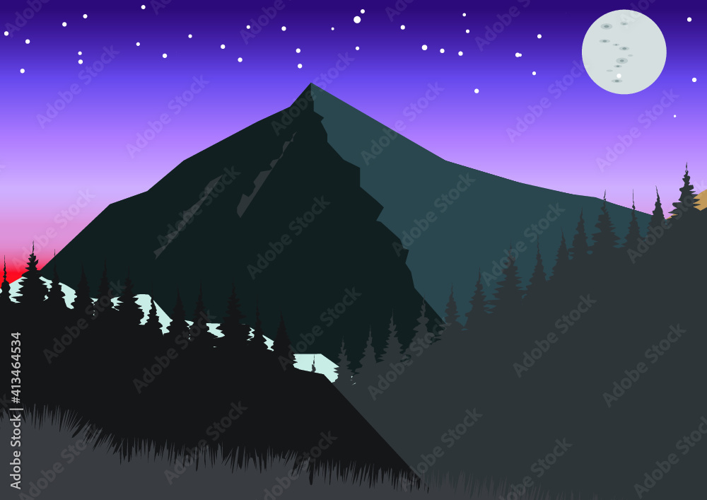 The view above is the moon, in the middle there are mountains and below there are shady trees, this is an illustration of Mount Cikuray