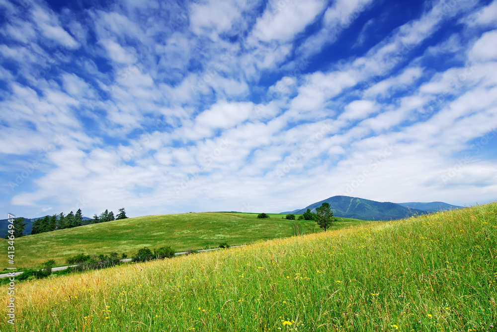Landscape, view of green rolling fields