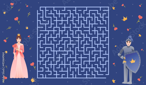 Children maze riddle, help noble knight find way to his princess, romantic labyrinth for girls and boys, fairy tale
