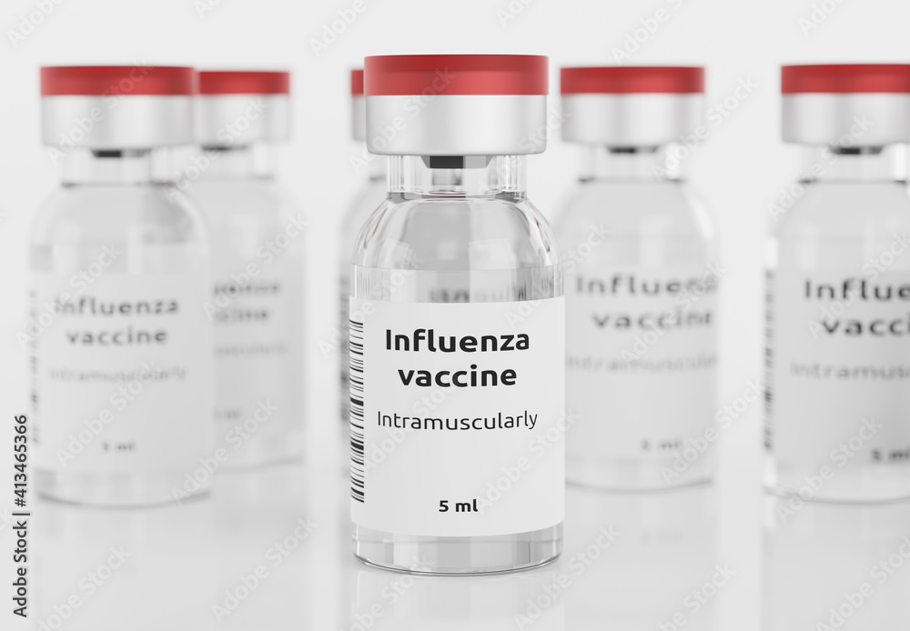 flu vaccine in vial on white background
