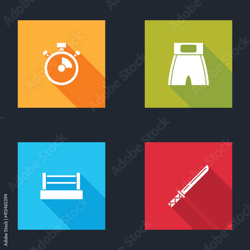 Set Stopwatch, Boxing short, ring and Japanese katana icon. Vector.