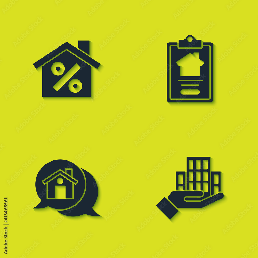 Set House with percant discount, Skyscraper, Real estate message house and contract icon. Vector. Set House with percant discount, Skyscraper, Real estate message house and contract icon. Vector.
