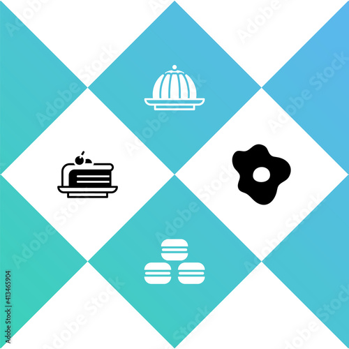 Set Piece of cake, Macaron cookie, Pudding custard and Scrambled eggs icon. Vector.