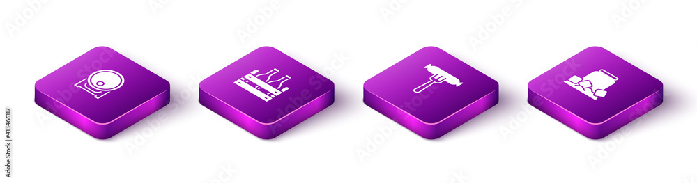 Set Isometric Wooden barrel on rack, Pack of beer bottles, Sausage the fork and Cold can icon. Vector. Set Isometric Wooden barrel on rack, Pack of beer bottles, Sausage the fork and Cold can icon. Vector.