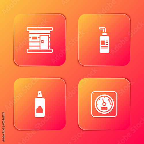 Set Sauna wooden bathhouse, Cream or lotion cosmetic tube, Spray can for hairspray and thermometer icon. Vector.