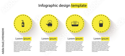 Set Cream or lotion cosmetic tube, Kettle with handle, Swimming pool ladder and Sauna bucket. Business infographic template. Vector.