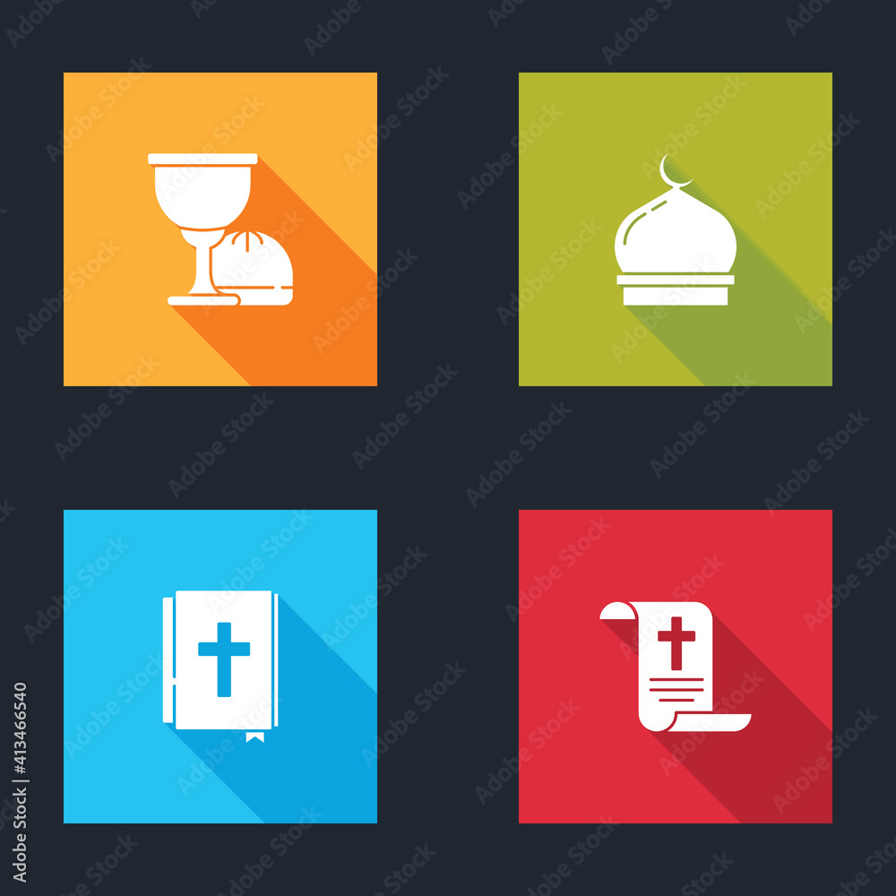 Set Holy grail or chalice, Muslim Mosque, bible book and Decree, paper, parchment, scroll icon. Vector. Set Holy grail or chalice, Muslim Mosque, bible book and Decree, paper, parchment, scroll icon. Vector.