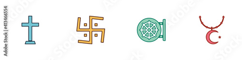 Set Christian cross, Hindu swastika, Dharma wheel and Star and crescent on chain icon. Vector.