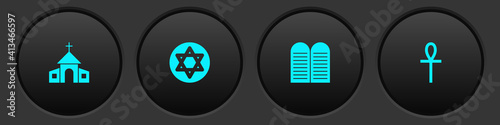 Set Church building, Star of David, The commandments and Cross ankh icon. Vector.