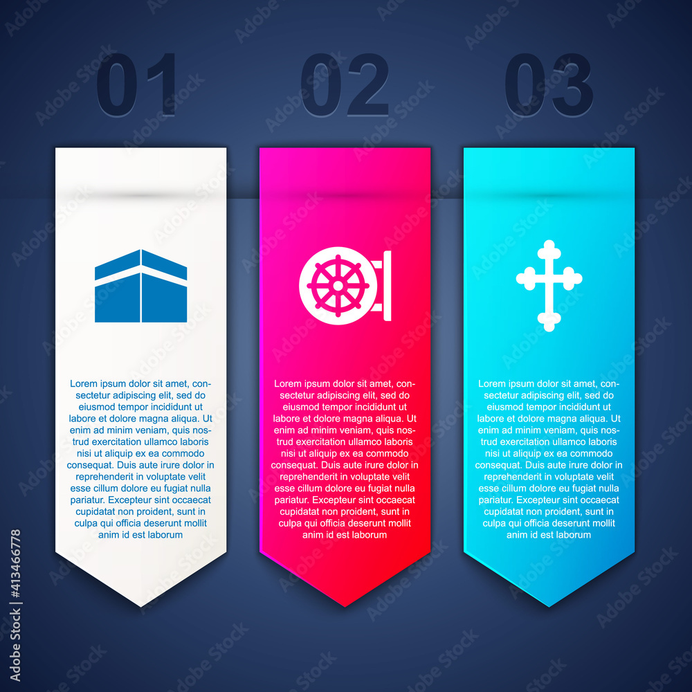 Set Kaaba mosque, Dharma wheel and Christian cross. Business infographic template. Vector.