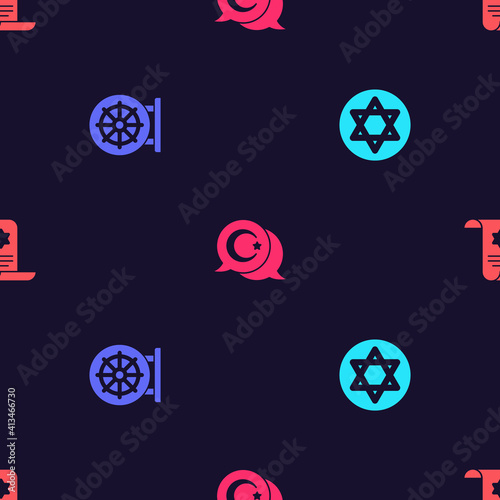 Set Star of David, Dharma wheel, and crescent and Torah scroll on seamless pattern. Vector.