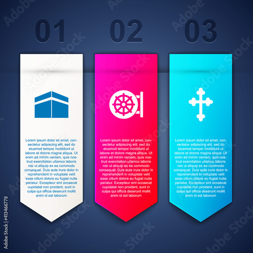 Set Kaaba mosque, Dharma wheel and Christian cross. Business infographic template. Vector.