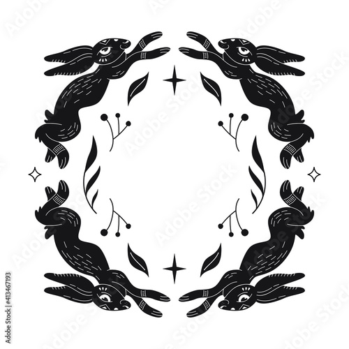 Vector illustration of a rabbit with floral elements, linocut style.