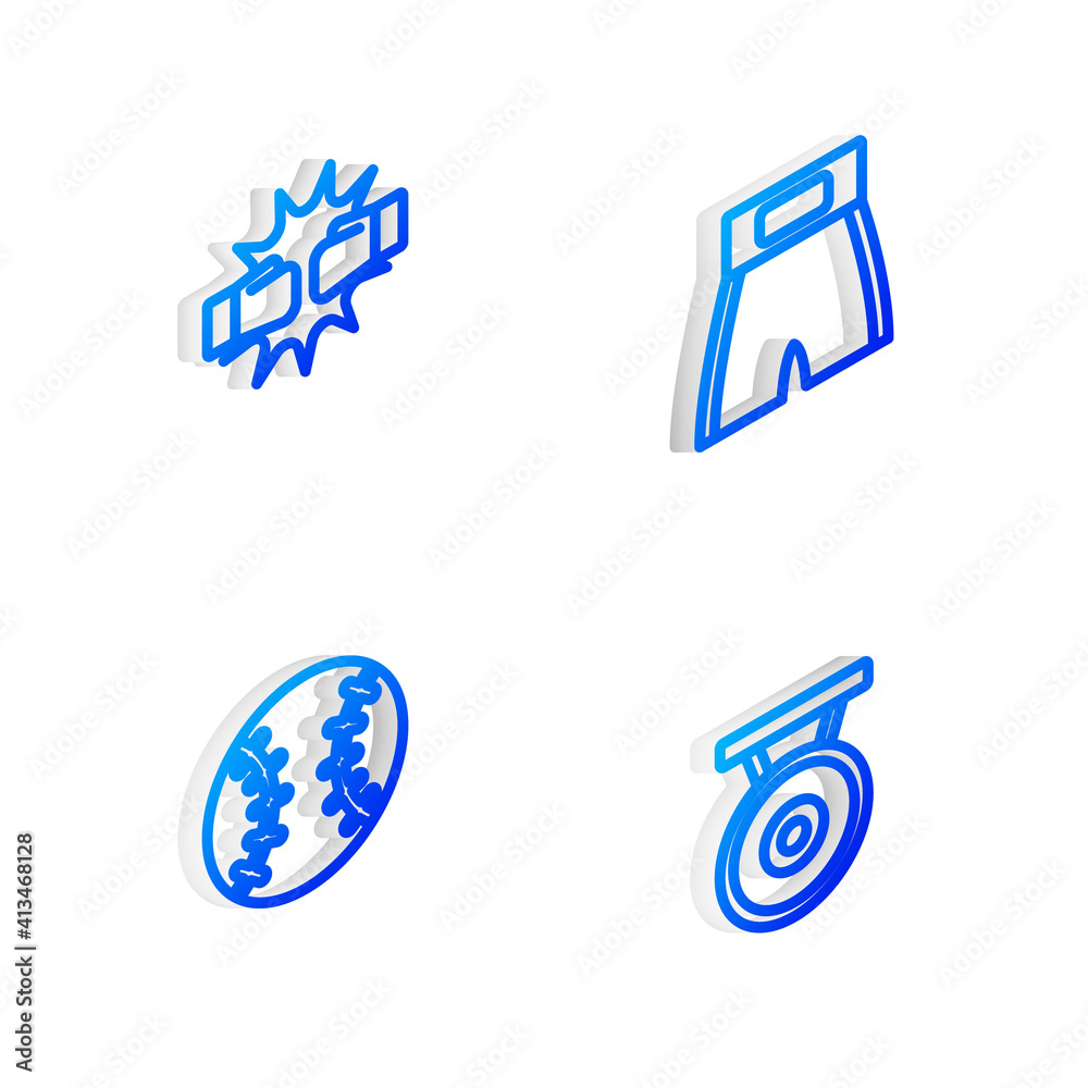 Set Isometric line Boxing short, Punch boxing gloves, Baseball ball and Gong icon. Vector. Set Isometric line Boxing short, Punch boxing gloves, Baseball ball and Gong icon. Vector.