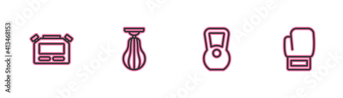 Set line Stopwatch, Kettlebell, Punching bag and Boxing glove icon. Vector.