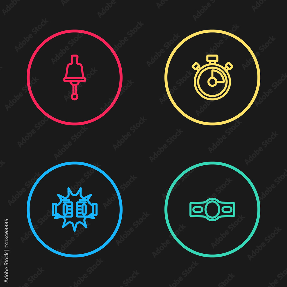 Set line Punch in boxing gloves, Boxing belt, Stopwatch and Ringing bell icon. Vector.