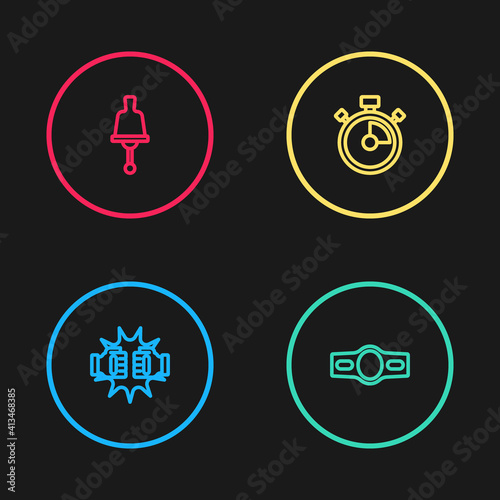 Set line Punch in boxing gloves, Boxing belt, Stopwatch and Ringing bell icon. Vector.