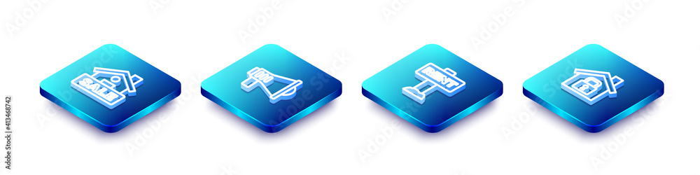 Set Isometric line Hanging sign with Sale, Megaphone, Rent and House under protection icon. Vector. Set Isometric line Hanging sign with Sale, Megaphone, Rent and House under protection icon. Vector.