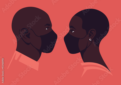 Profiles of African faces with medical face masks. The heads of woman and man. Date and the epidemic. Coronavirus. Love in the distance. Family. Vector flat illustration

