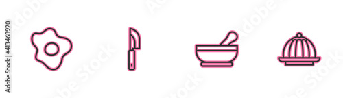 Set line Scrambled eggs, Mortar and pestle, Knife and Pudding custard icon. Vector.