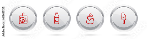 Set line Cutting board, Bottle with milk, Pudding custard and Ice cream. Silver circle button. Vector.