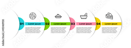 Set line Cookie or biscuit, Homemade pie, Mortar and pestle and Piece of cake. Business infographic template. Vector.