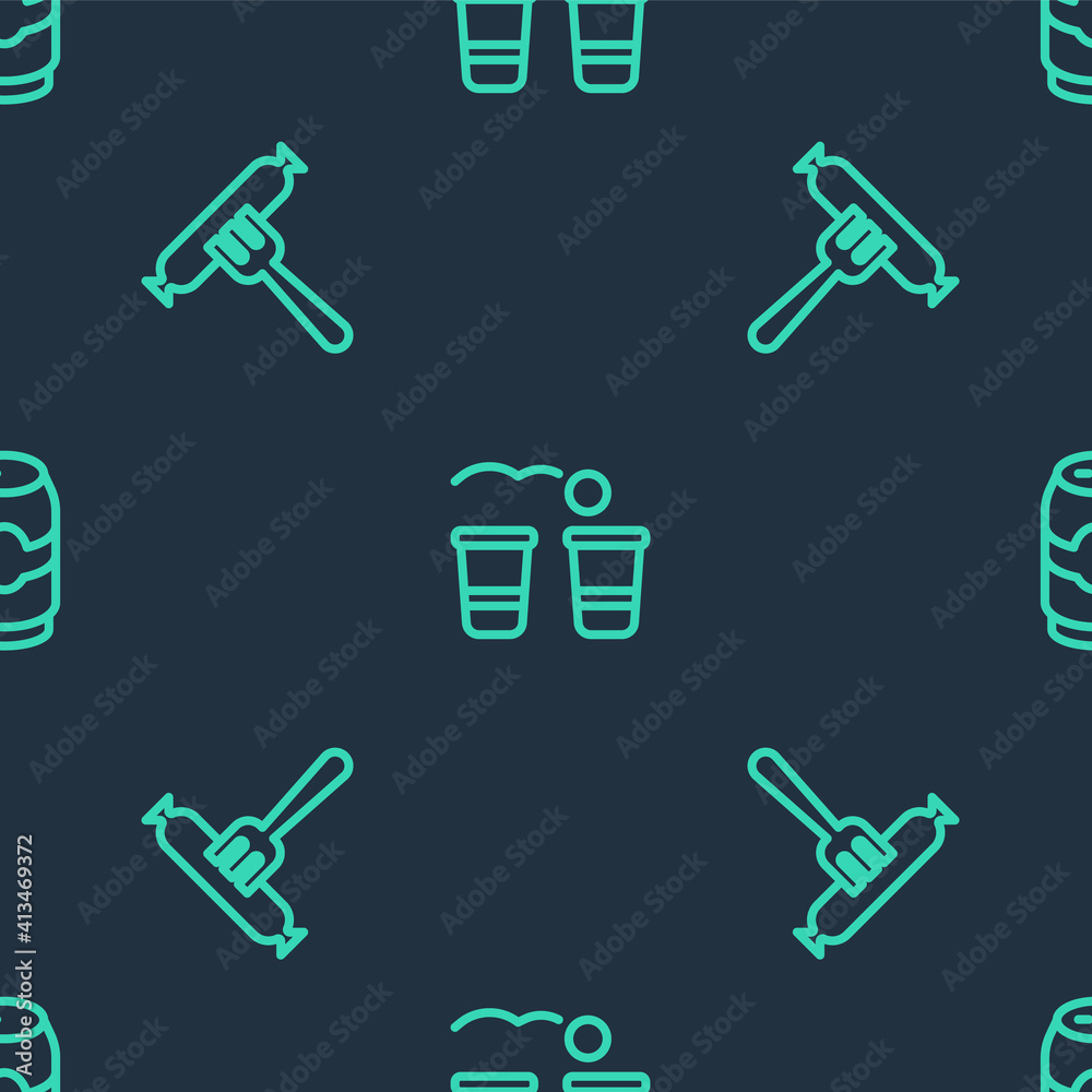 Set line Beer pong game, Sausage the fork and can on seamless pattern. Vector.