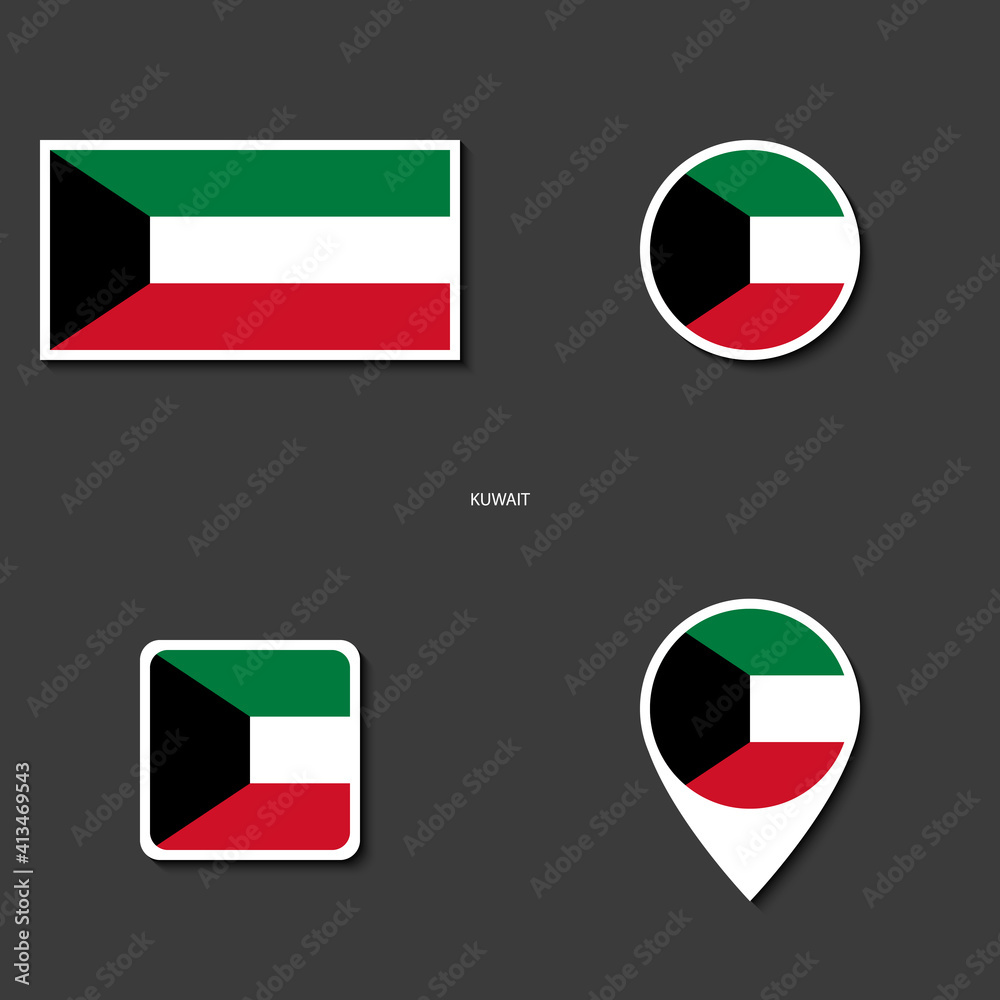 Kuwait flag icon set in different shape (rectangle circle square and marker icon ) on dark grey background. Kuwait, officially the State of Kuwait, is a country in Western Asia. Kuwait flag icon set in different shape (rectangle circle square and marker icon ) on dark grey background. Kuwait, officially the State of Kuwait, is a country in Western Asia.