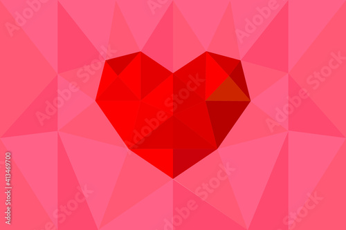 Valentines Day Geometric Polygonal Background, red and pink Triangles shaped as heart