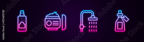 Set line Spray can for hairspray, Cream lotion cosmetic tube, Shower and Essential oil bottle. Glowing neon icon. Vector.