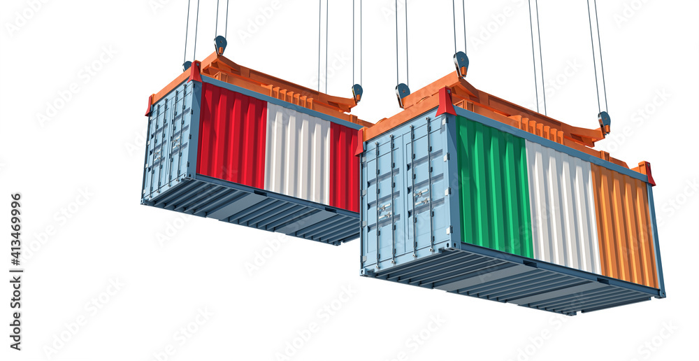 Freight containers with Peru and Ireland flag. 3D Rendering 