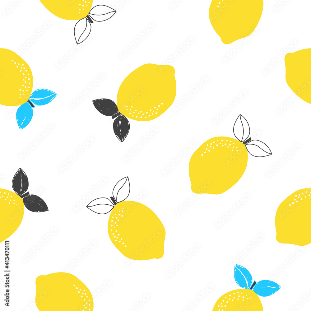 Seamless pattern with lemon fruit on white background. Vector illustration for printing on clothing, packaging paper, postcards, posters, banners. Cute baby background.