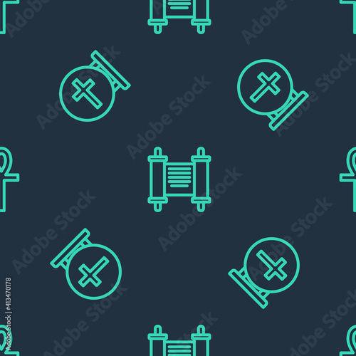 Set line Decree, paper, parchment, scroll, Christian cross and Cross ankh on seamless pattern. Vector.