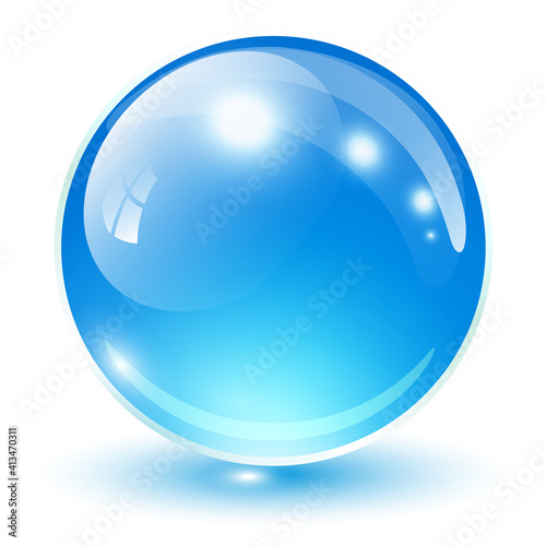 Glass sphere blue, vector shiny icon ball.