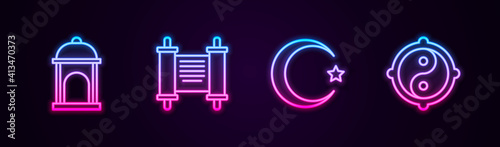 Set line Muslim Mosque, Decree, paper, parchment, scroll, Star and crescent and Yin Yang. Glowing neon icon. Vector.