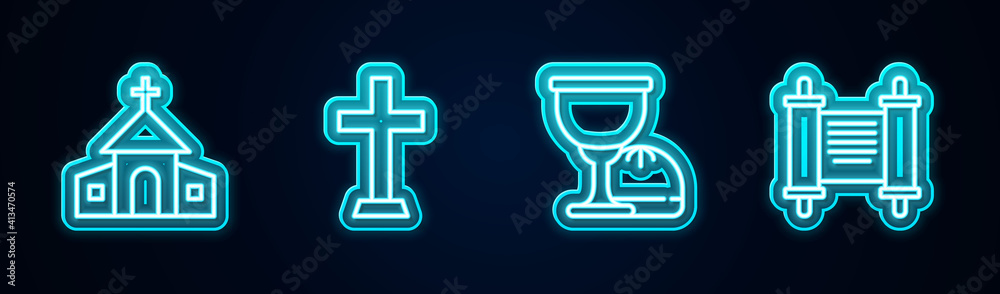 Set line Church building, Christian cross, Holy grail or chalice and Decree, paper, parchment, scroll. Glowing neon icon. Vector. Set line Church building, Christian cross, Holy grail or chalice and Decree, paper, parchment, scroll. Glowing neon icon. Vector.