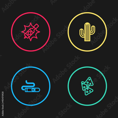 Set line Cigar, Nachos, Cactus and Tabasco sauce icon. Vector.